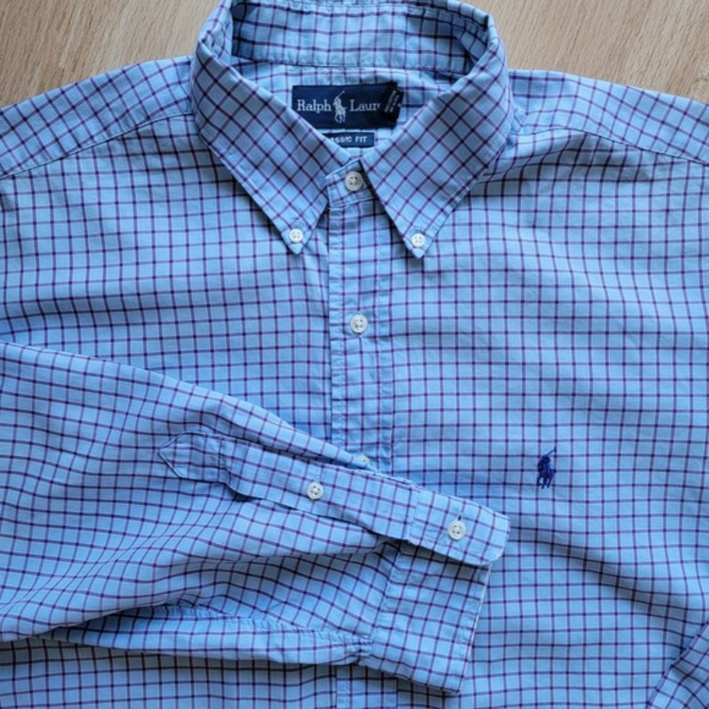 Ralph Lauren Mens Classic Fit Blue Plaid Long Sleeve Button Down Shirt XL to XXL
